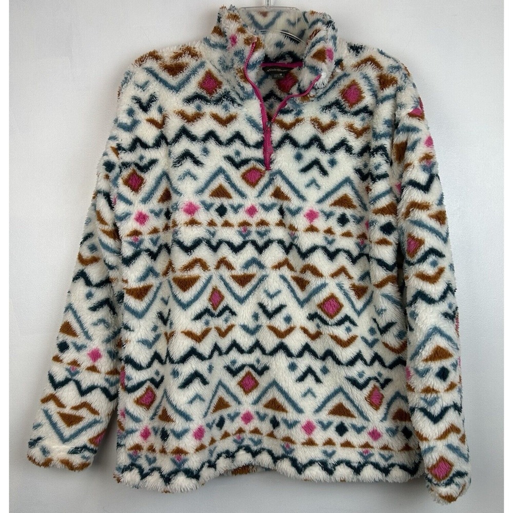 Eddie Bauer Jacket Women M Teddy Fleece 1/4 Zip Southwestern Aztec Burningman